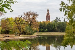 Dessau_Woerlitz_2018-9 Blick zur Kirche und links das Wurzelhaus.
