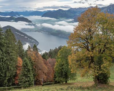 Schweiz_Okt_2019-2 Die Wolken lösen sich auf und geben den Blick auf den Vierwaldstätter See frei.